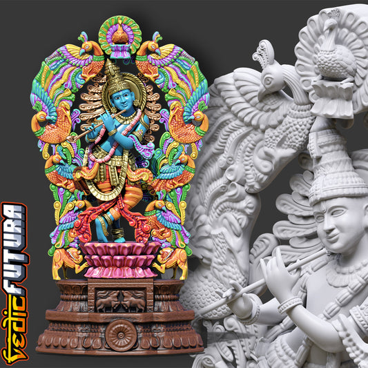 Gopala Krishna with Peacocks and Cows- Wood Carving
