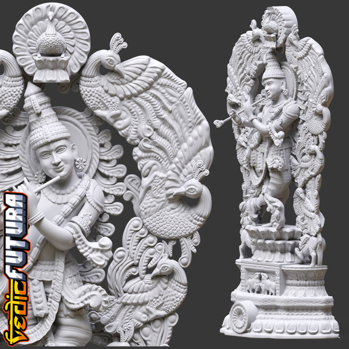 Gopala Krishna with Peacocks and Cows- Wood Carving