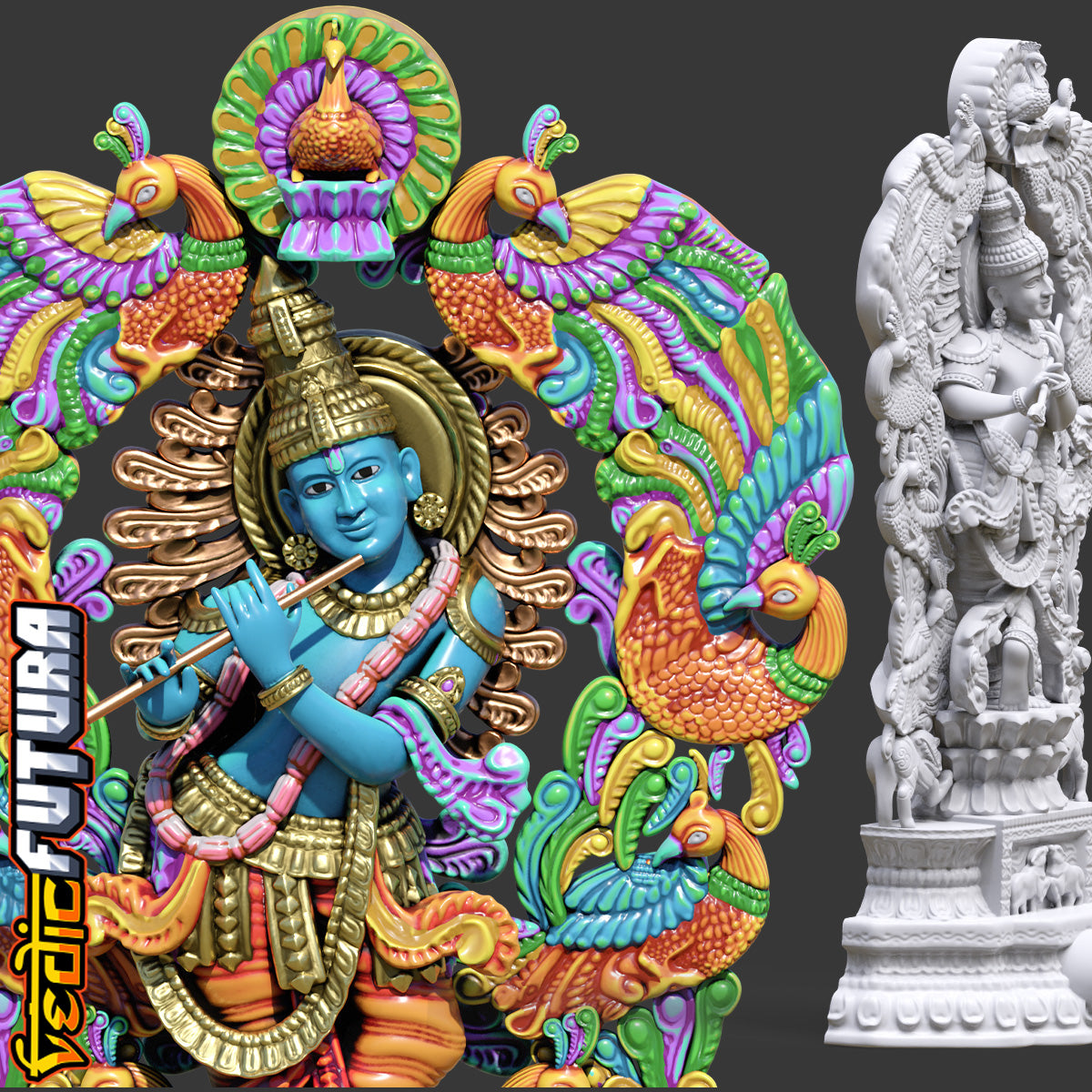 Gopala Krishna with Peacocks and Cows- Wood Carving