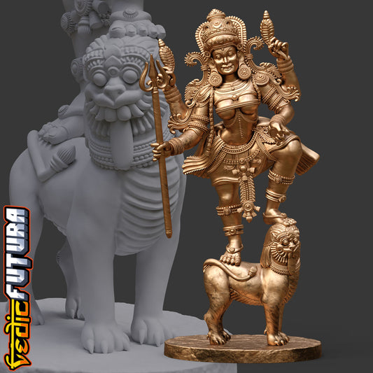 Durga: The Fierce Protector on the Lion (Restoration)