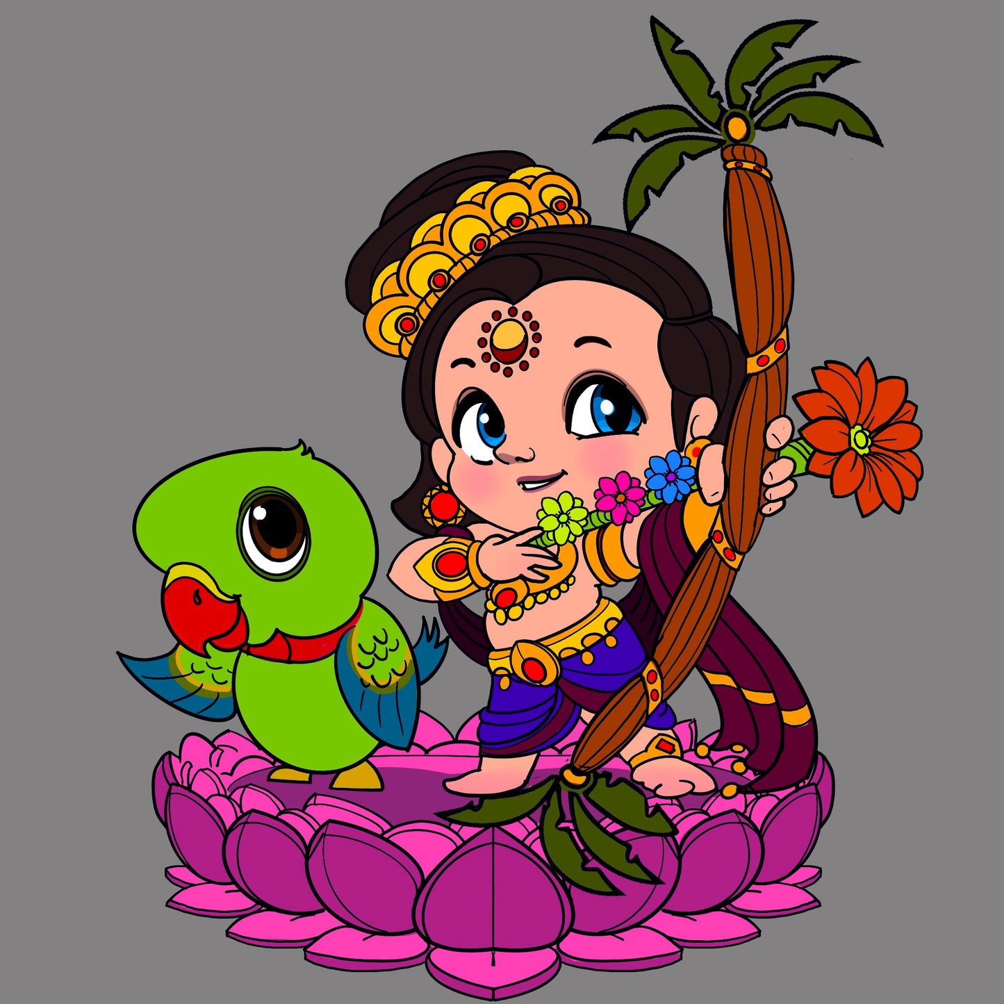 Chibi Kama Dev, God of Love with his Parrot