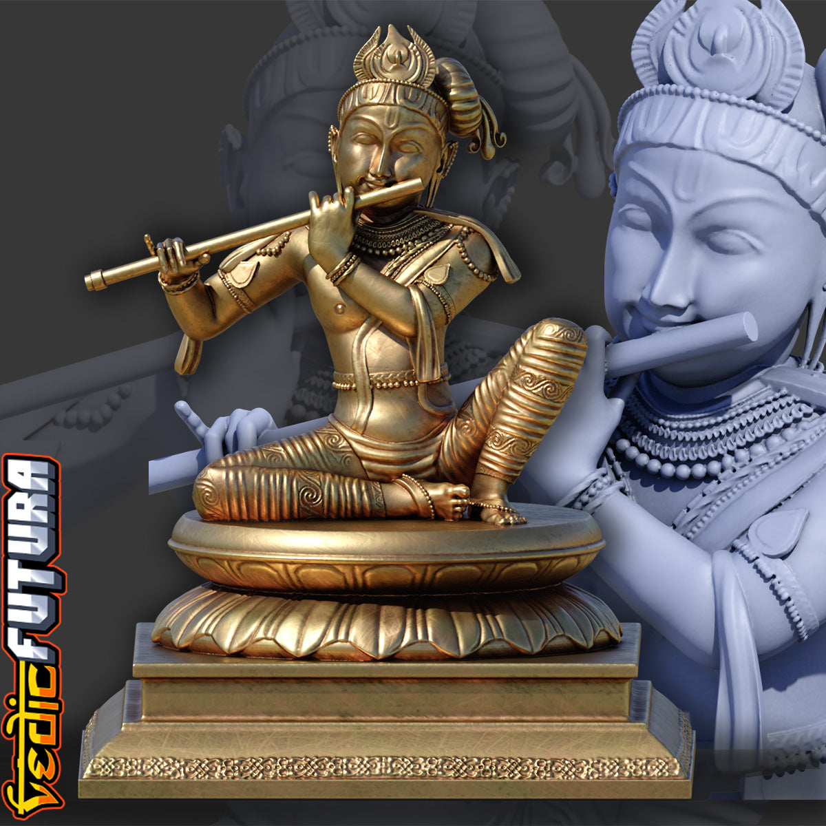Seated Krishna with Flute-Chola Bronze Style