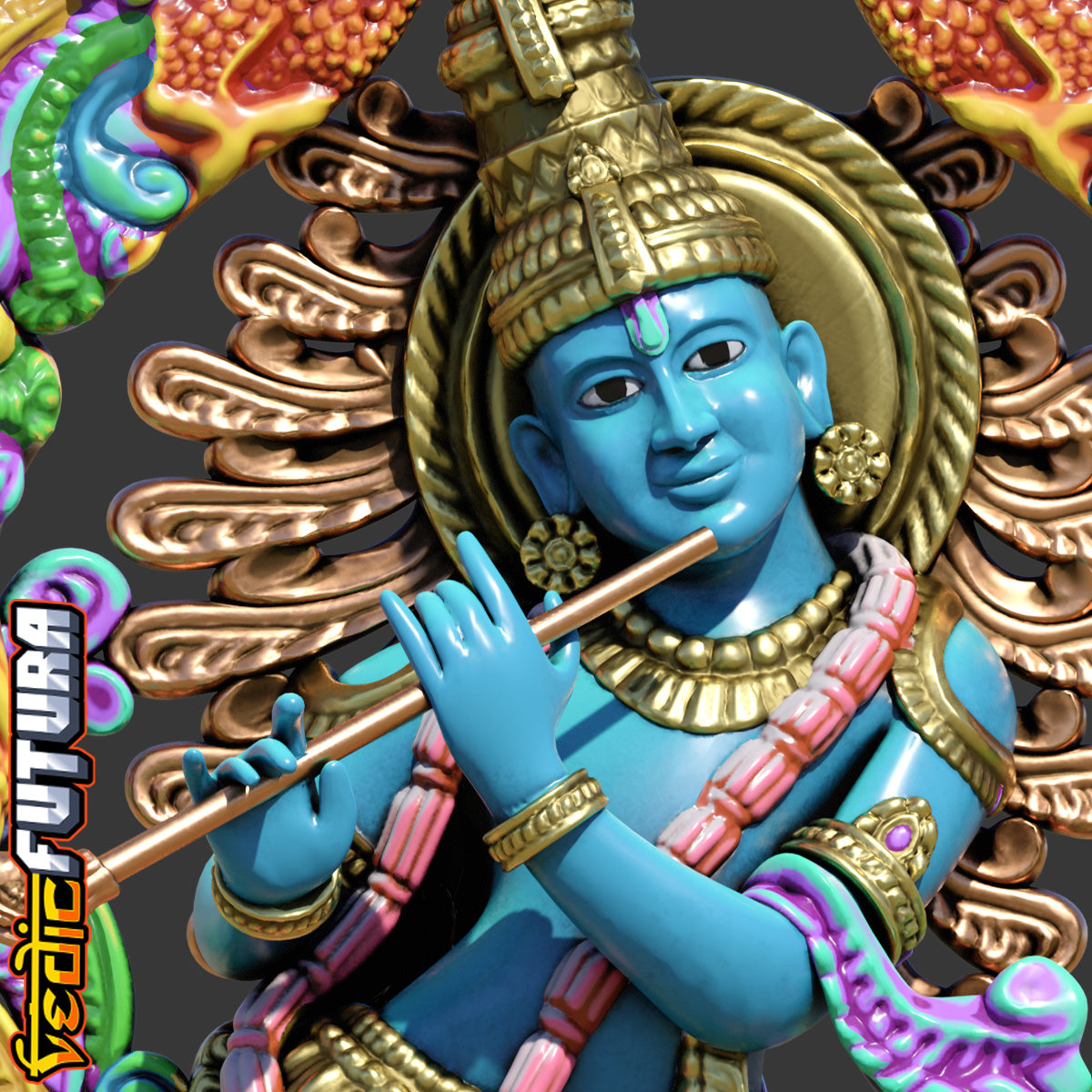 Gopala Krishna with Peacocks and Cows- Wood Carving