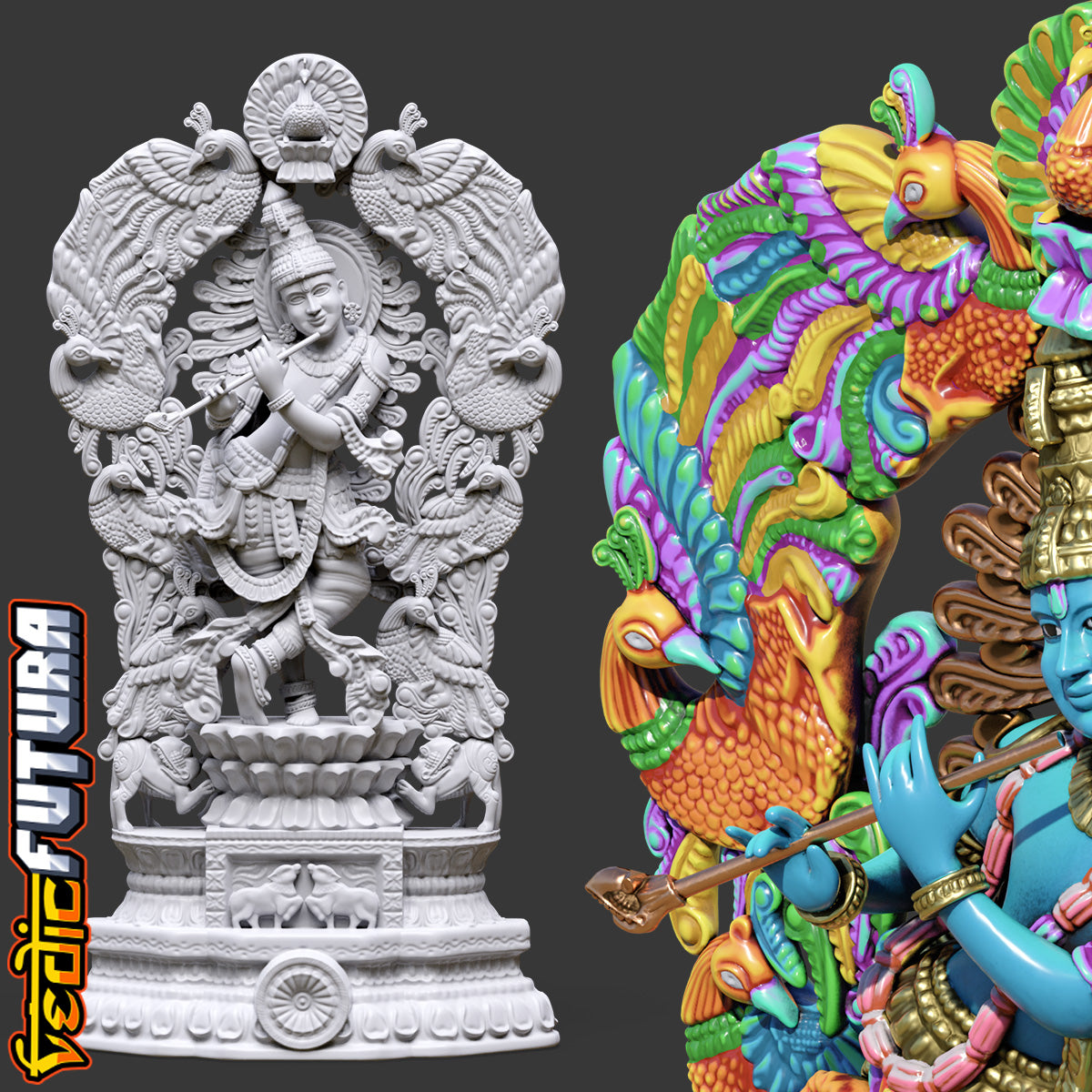 Gopala Krishna with Peacocks and Cows- Wood Carving