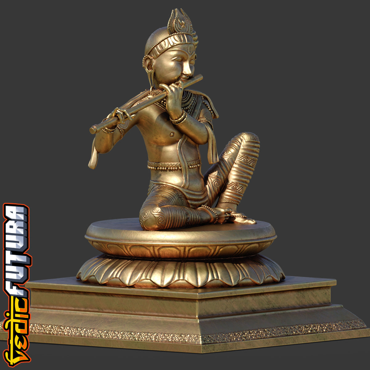 Seated Krishna with Flute-Chola Bronze Style