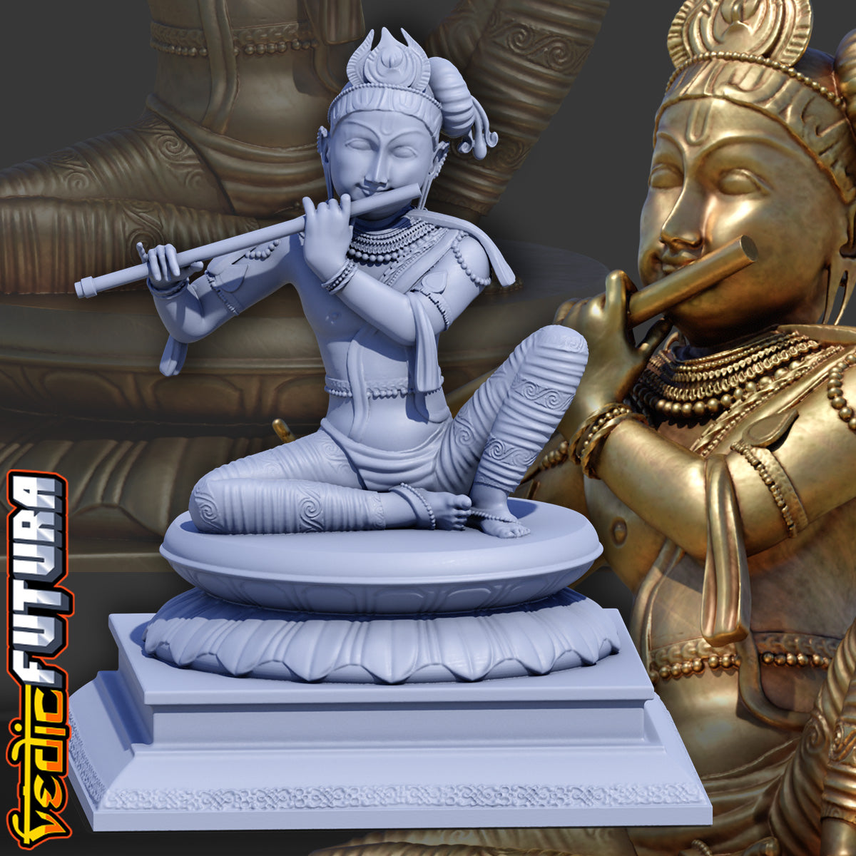 Seated Krishna with Flute-Chola Bronze Style