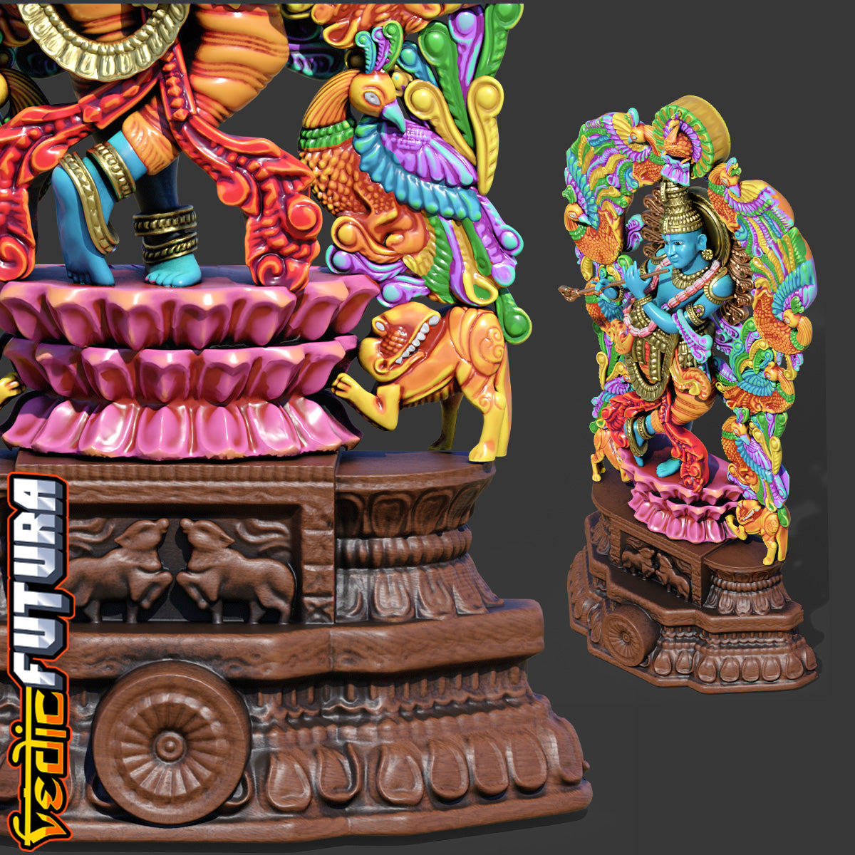 Gopala Krishna with Peacocks and Cows- Wood Carving