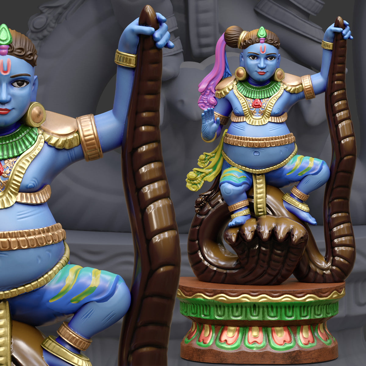 Krishna Dancing on Kaliya - Wood Carving