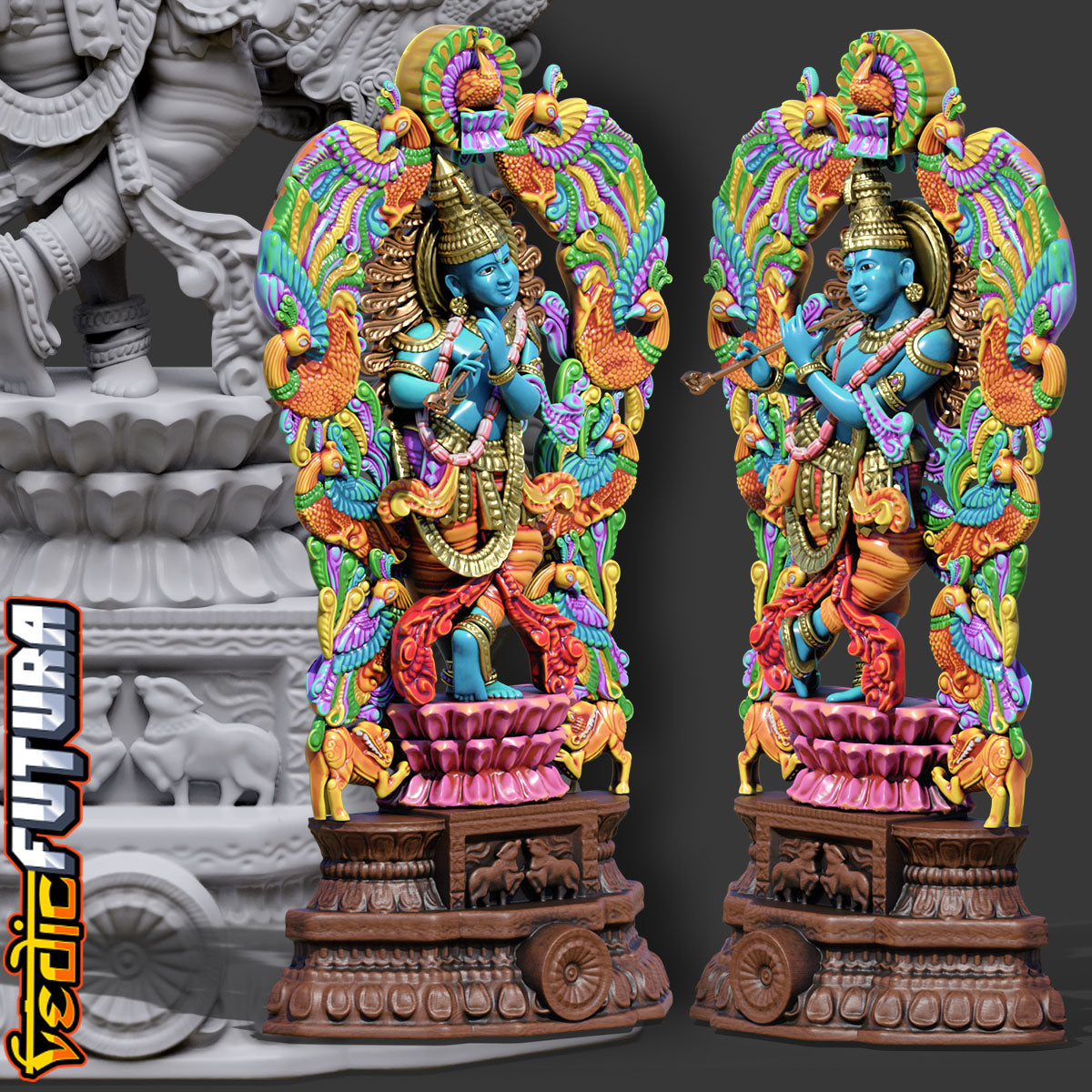 Gopala Krishna with Peacocks and Cows- Wood Carving