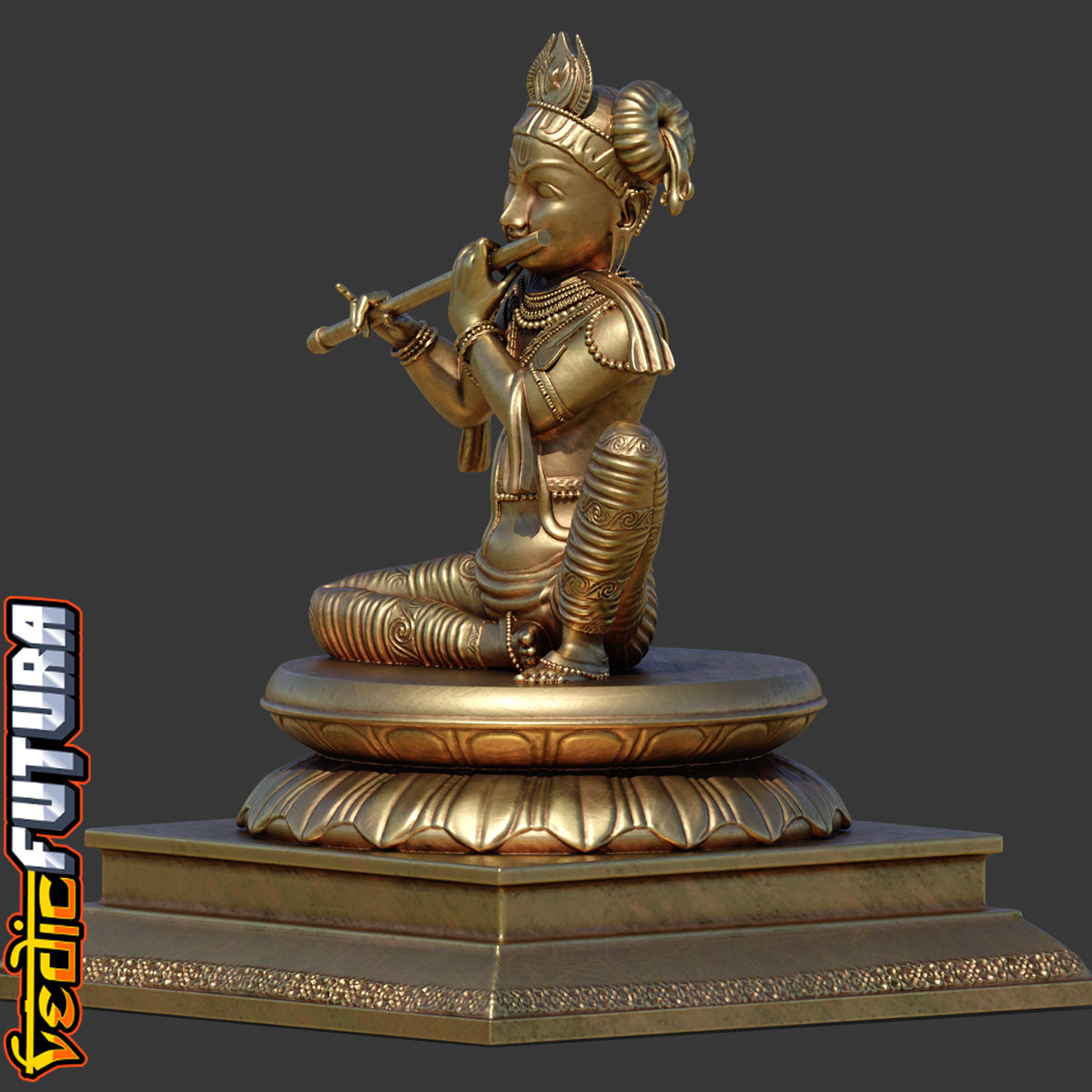 Seated Krishna with Flute-Chola Bronze Style